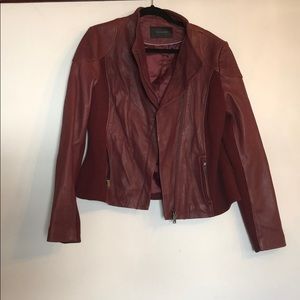 Tahari lambskin leather and woven moto jacket XL